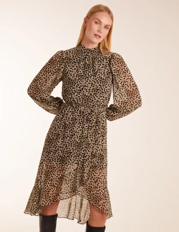 Leopard Print High Neck Wrap Frill Hem Midi Dress sold by Blue Vanilla