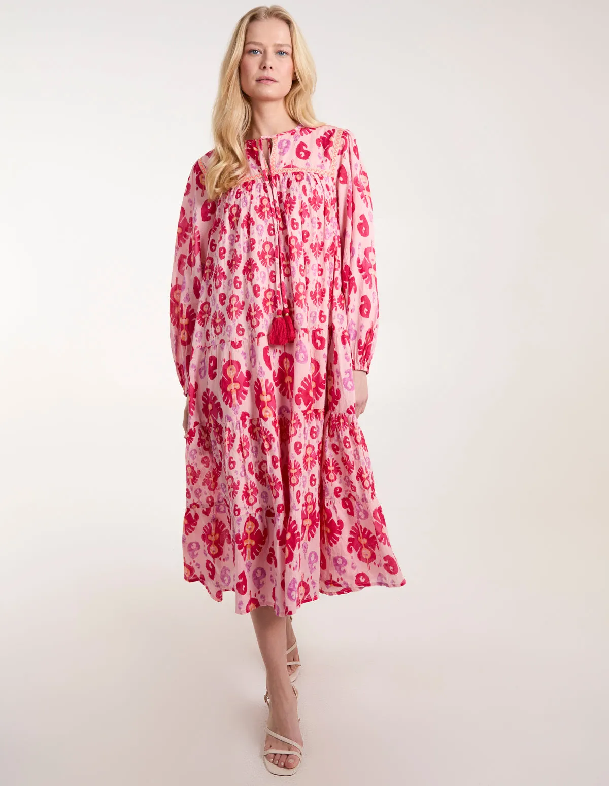 Printed Tiered Keyhole Tassel Dress sold by Blue Vanilla