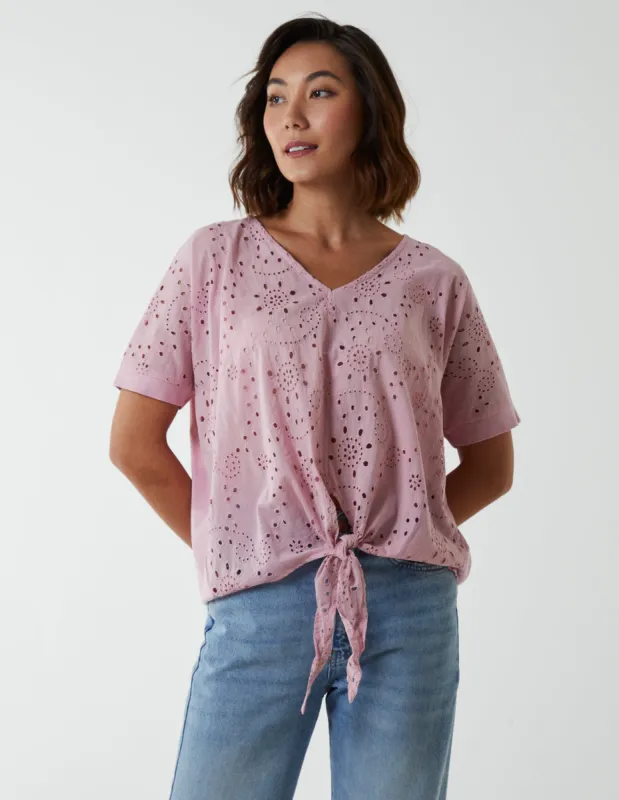 Broderie Batwing Knot Front Top sold by Blue Vanilla