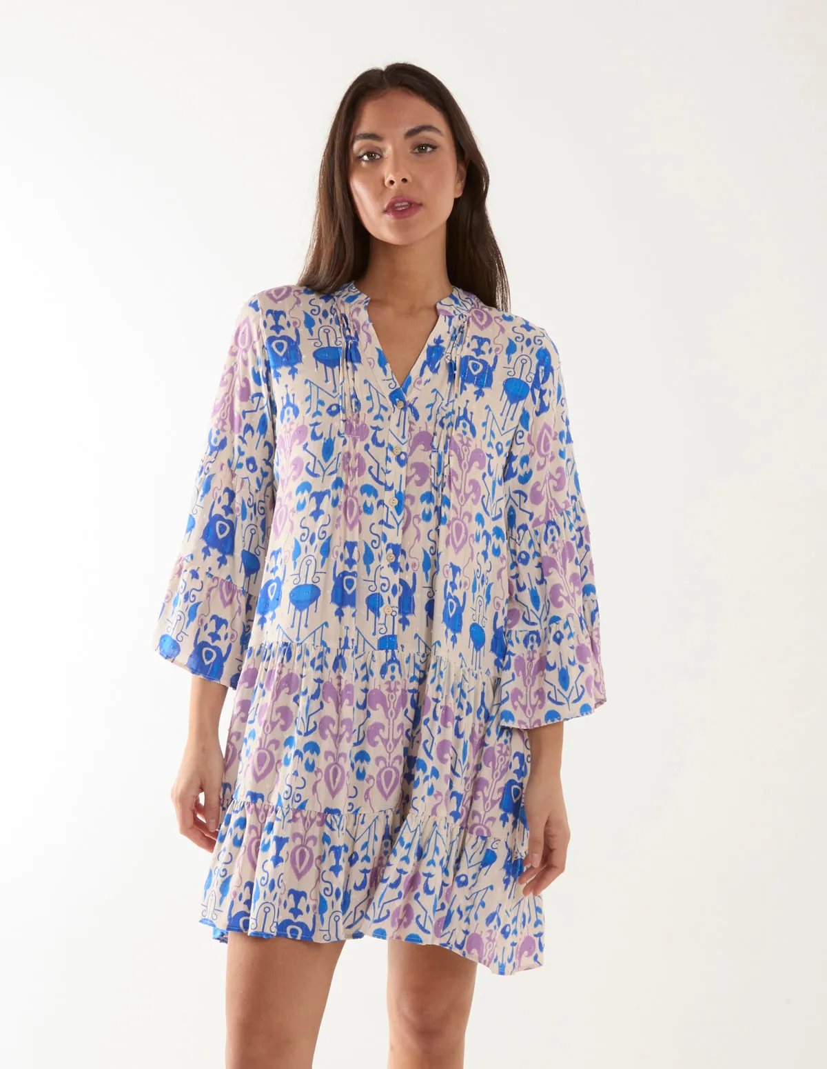 Pin Tuck Tiered Abstract Smock Dress sold by Blue Vanilla