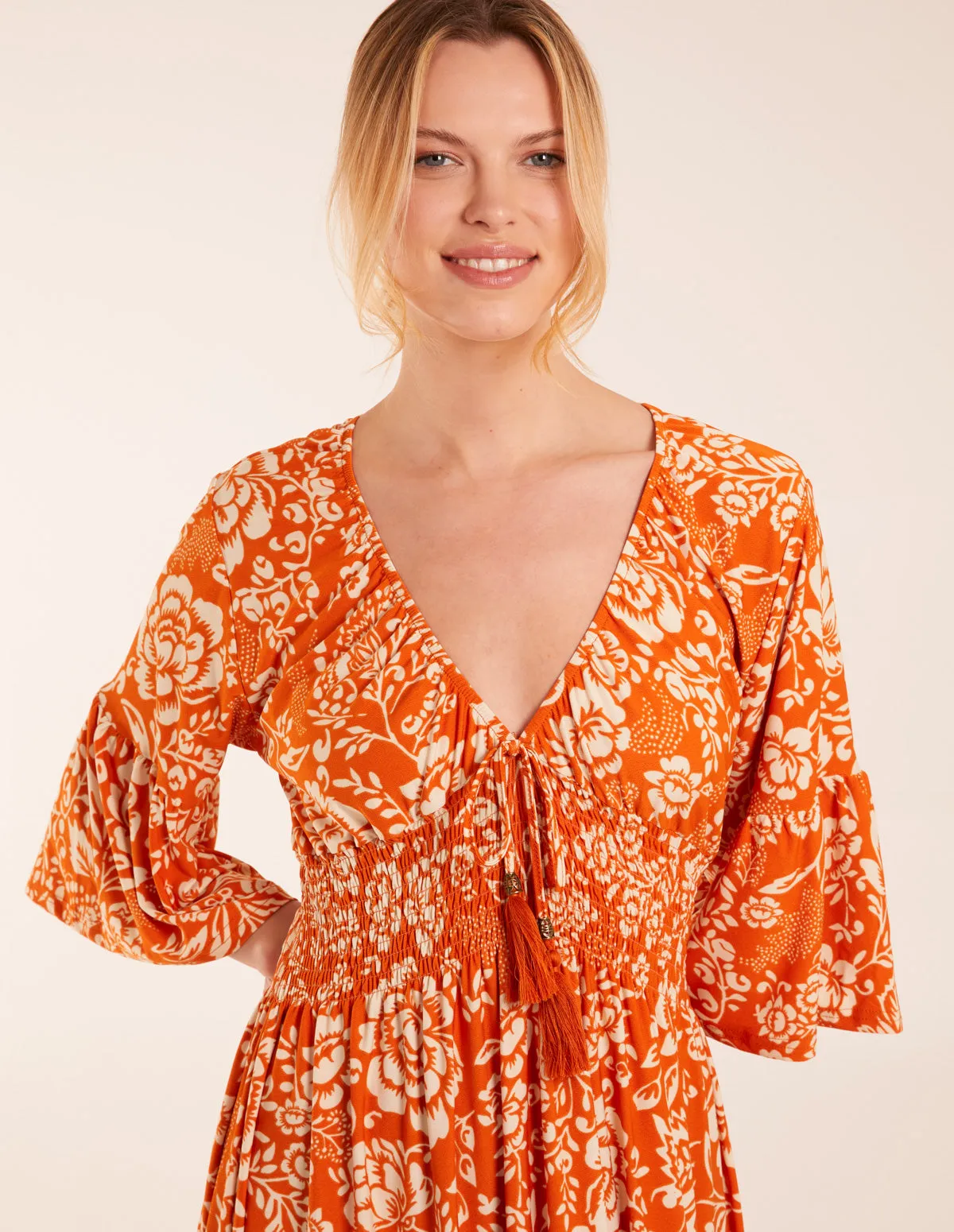 Elasticated V Neck Midi Dress With Tie Up Neck sold by Blue Vanilla product image thumbnail 2