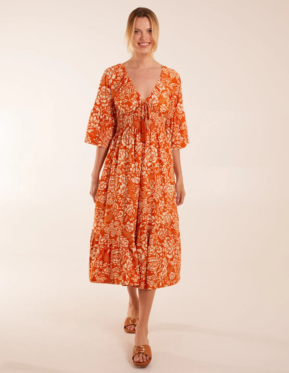 Elasticated V Neck Midi Dress With Tie Up Neck sold by Blue Vanilla product image thumbnail 3