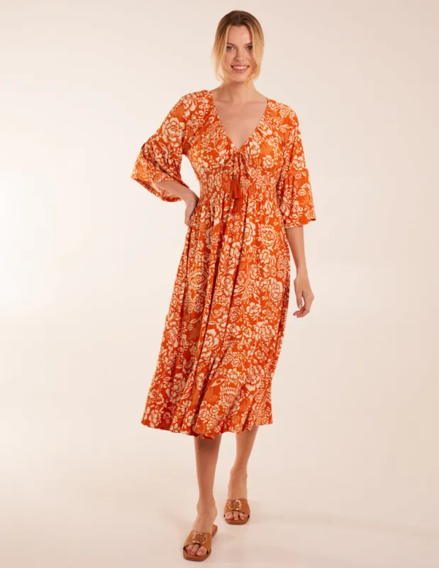 Elasticated V Neck Midi Dress With Tie Up Neck sold by Blue Vanilla