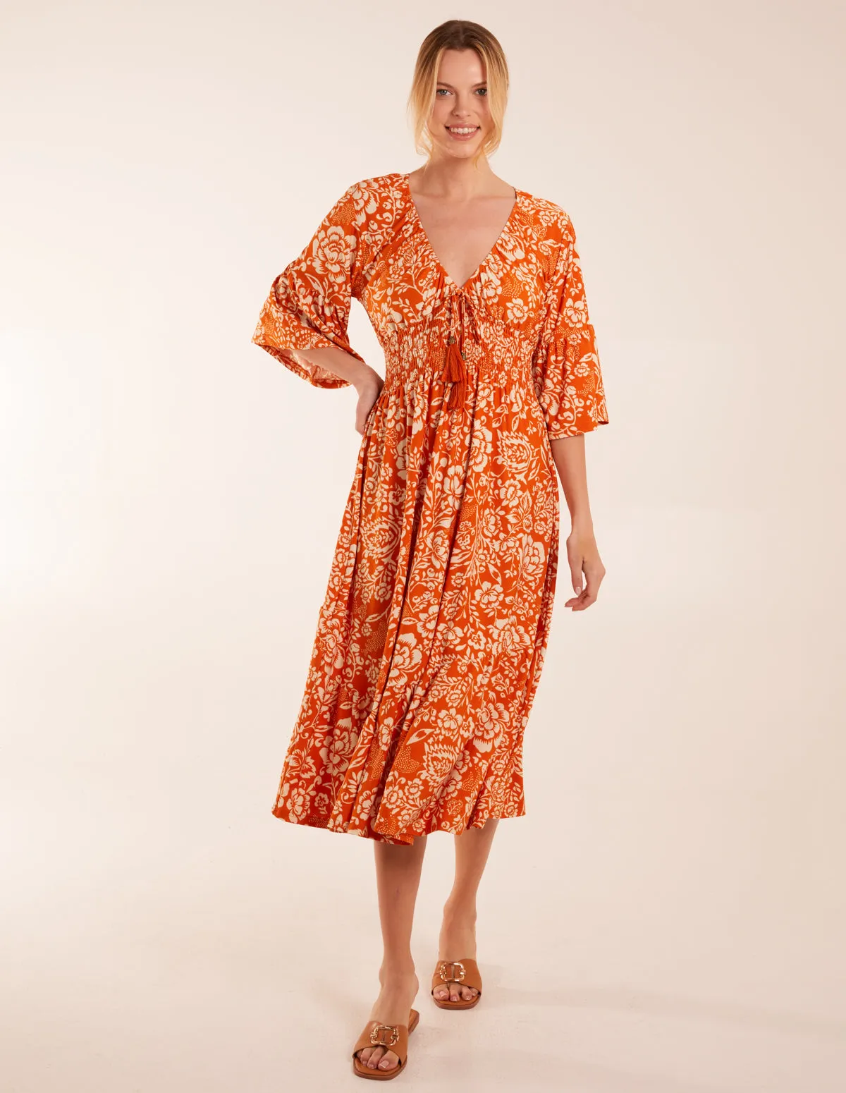 Elasticated V Neck Midi Dress With Tie Up Neck sold by Blue Vanilla