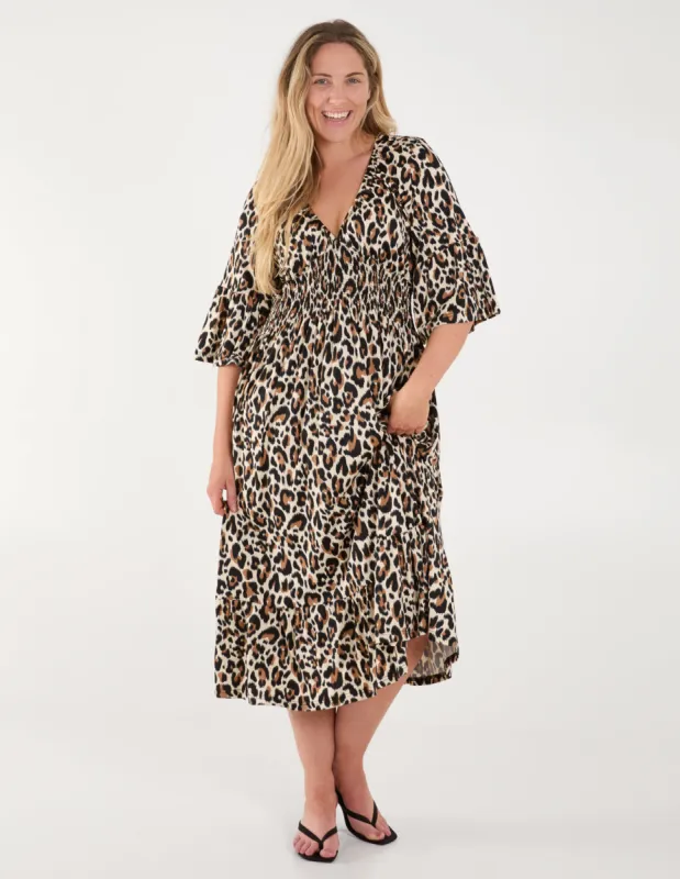 Curve Leopard Print Elasticated Neck Shirred Waist Midi Dress sold by Blue Vanilla