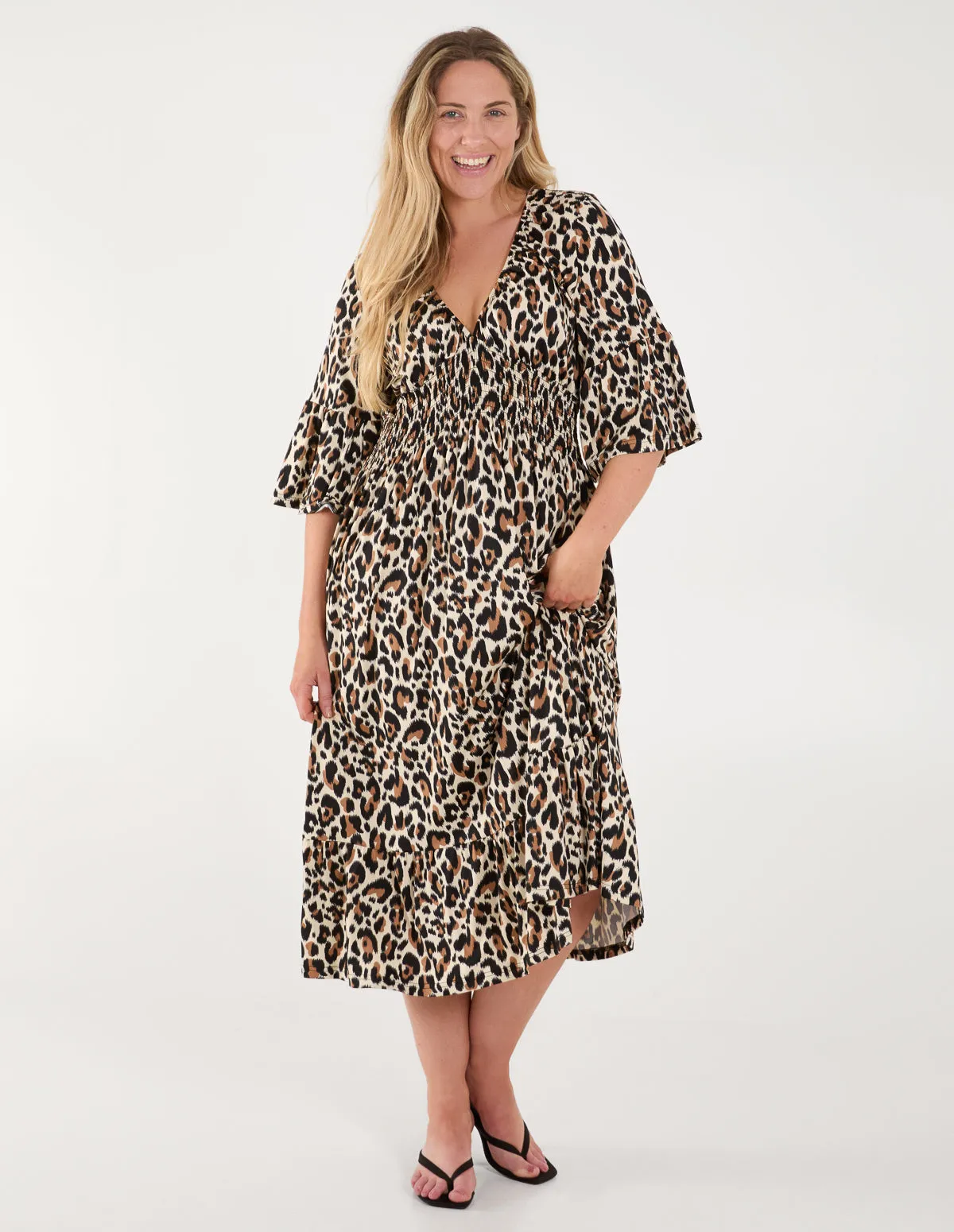 Curve Leopard Print Elasticated Neck Shirred Waist Midi Dress sold by Blue Vanilla