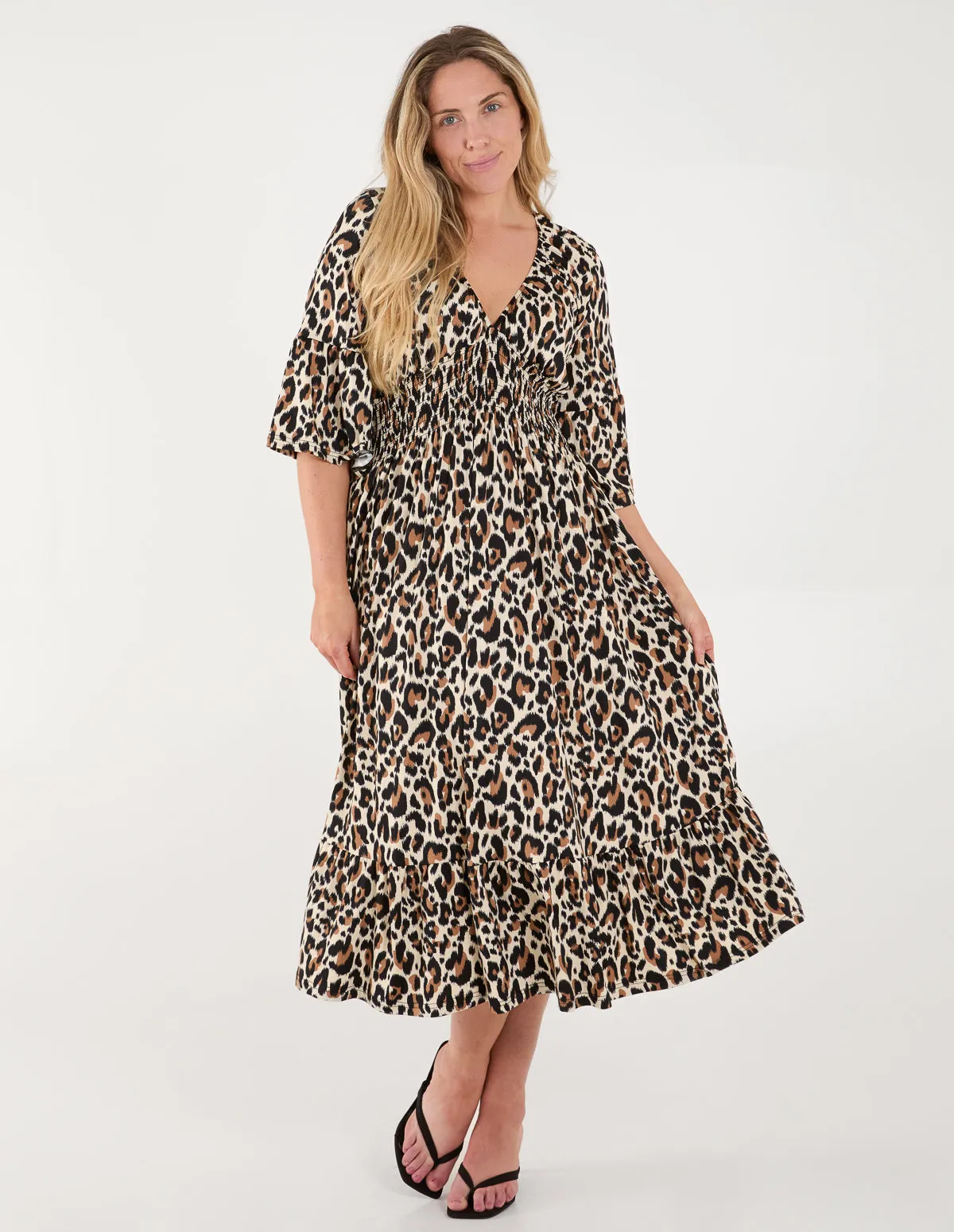 Curve Leopard Print Elasticated Neck Shirred Waist Midi Dress sold by Blue Vanilla product image thumbnail 2