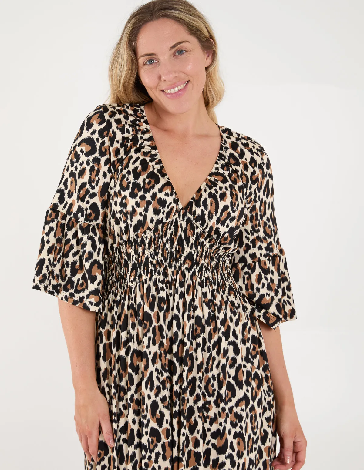 Curve Leopard Print Elasticated Neck Shirred Waist Midi Dress sold by Blue Vanilla product image thumbnail 3