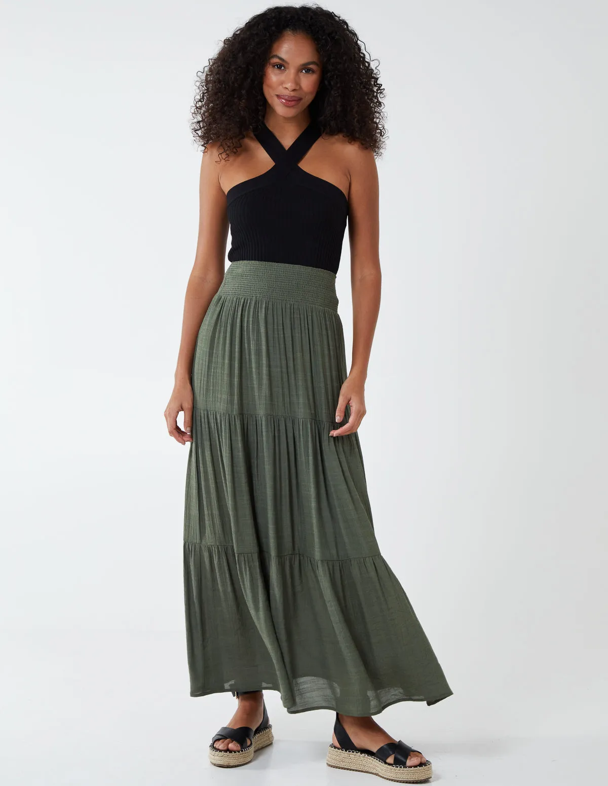 Shirring Waist Tiered Maxi Skirt sold by Blue Vanilla product image thumbnail 2