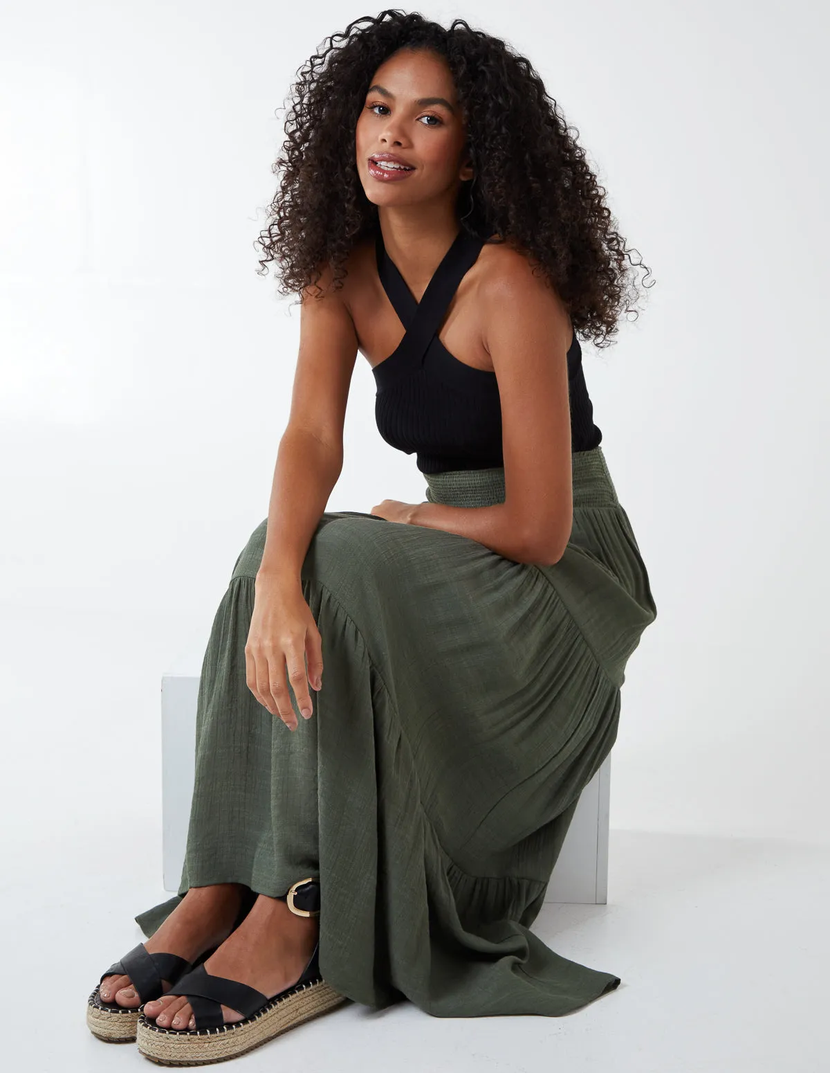 Shirring Waist Tiered Maxi Skirt sold by Blue Vanilla product image thumbnail 3