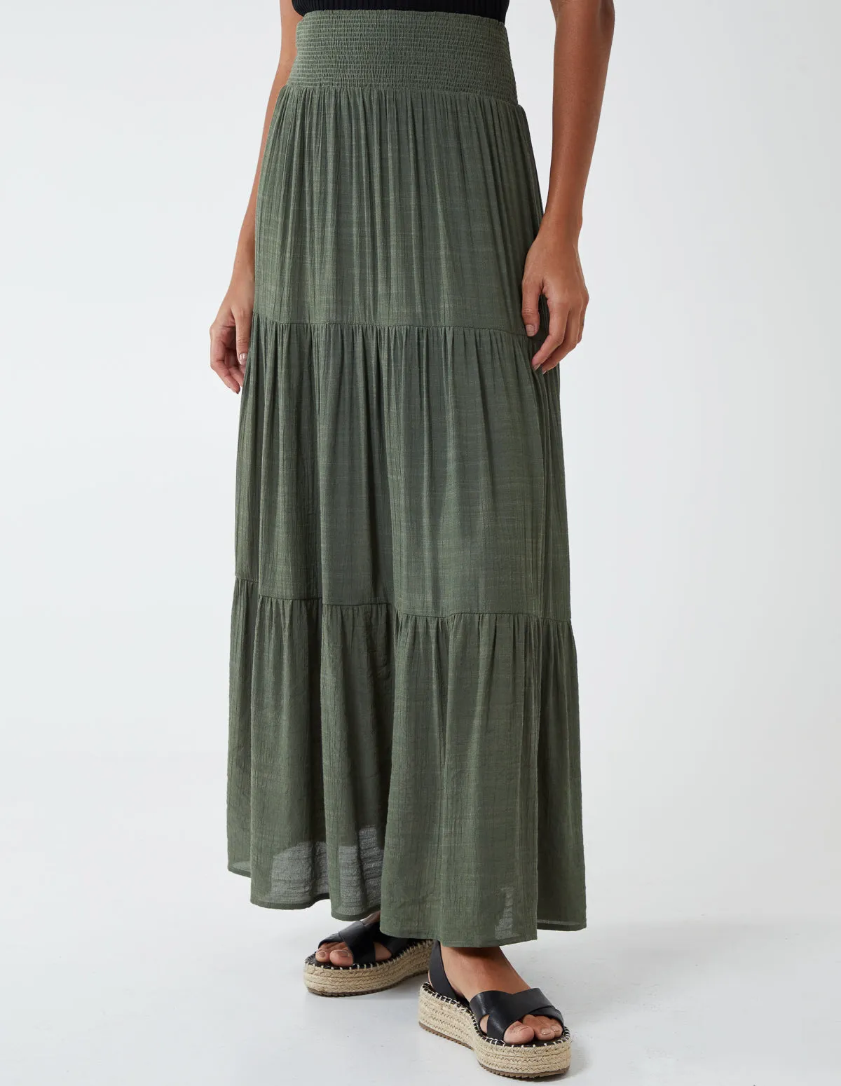 Shirring Waist Tiered Maxi Skirt sold by Blue Vanilla