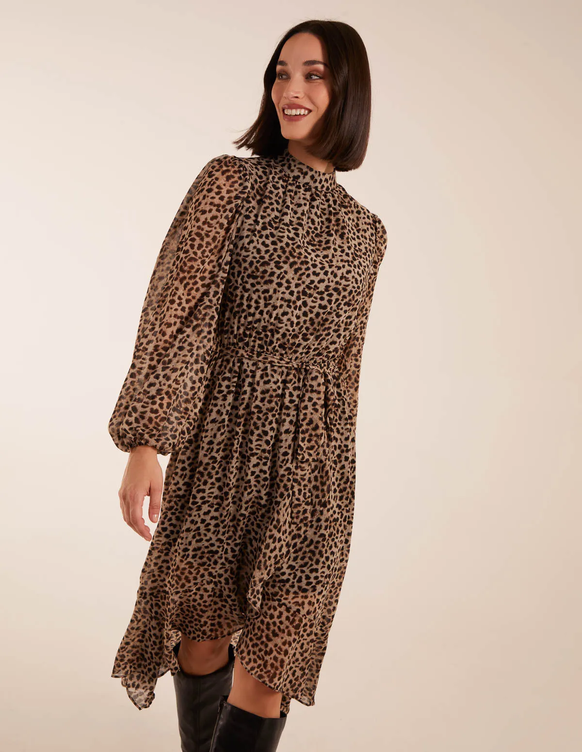 Leopard Print High Neck Wrap Frill Hem Midi Dress sold by Blue Vanilla product image thumbnail 3