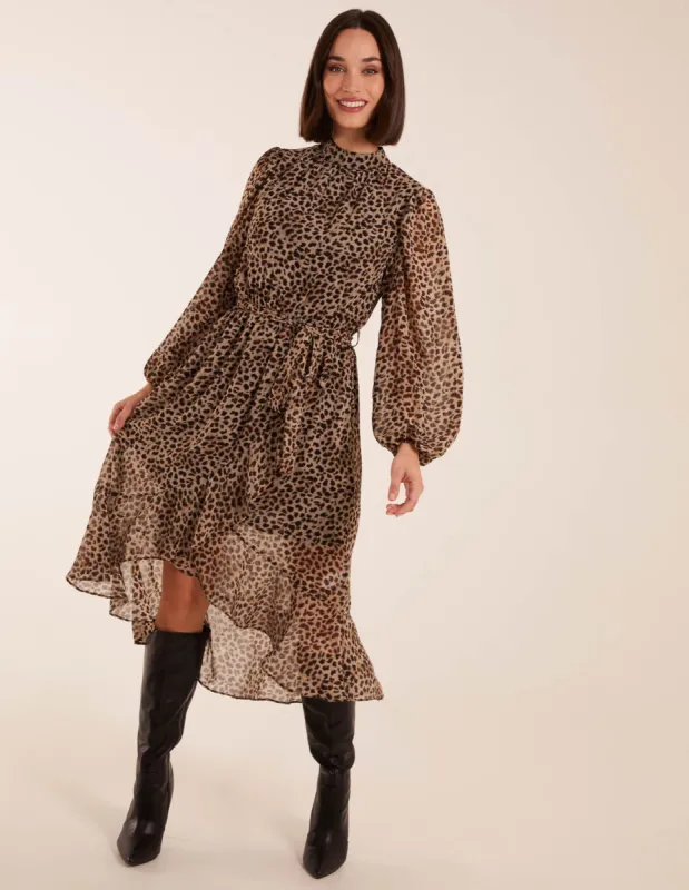 Leopard Print High Neck Wrap Frill Hem Midi Dress sold by Blue Vanilla