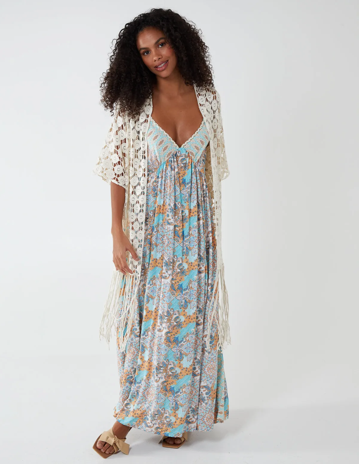 Longline Short Sleeve Crochet Fringe Kimono Cardigan sold by Blue Vanilla product image thumbnail 4