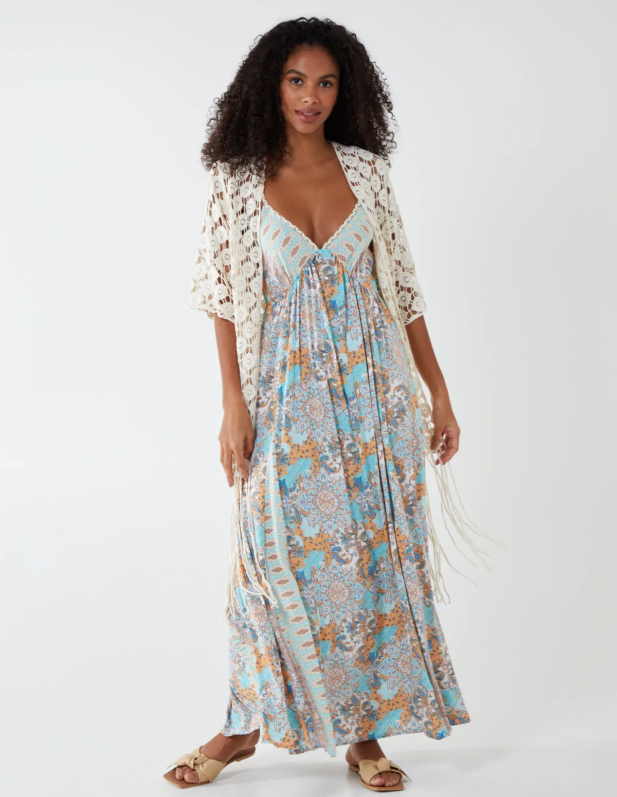Longline Short Sleeve Crochet Fringe Kimono Cardigan sold by Blue Vanilla product image thumbnail 5