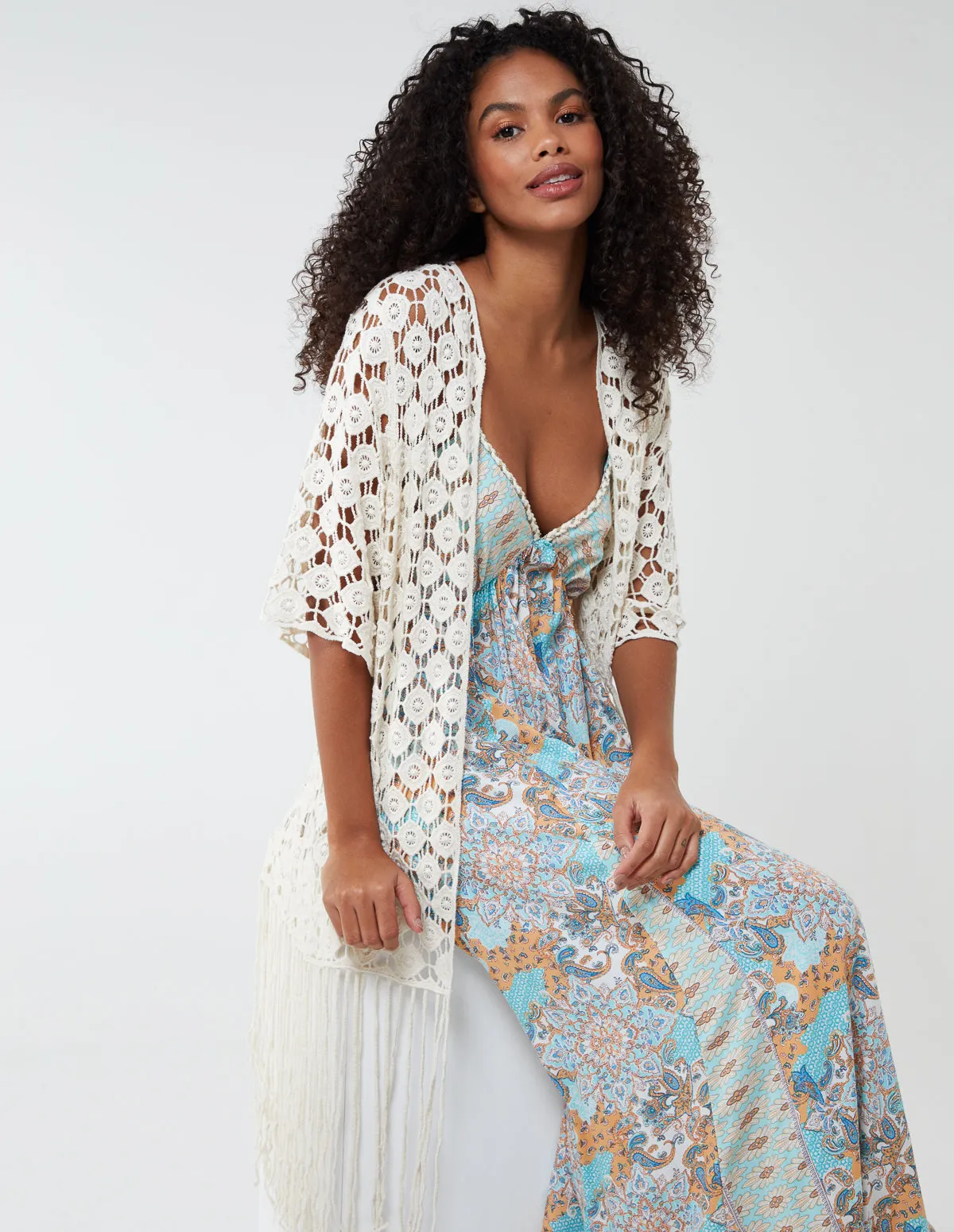 Longline Short Sleeve Crochet Fringe Kimono Cardigan sold by Blue Vanilla