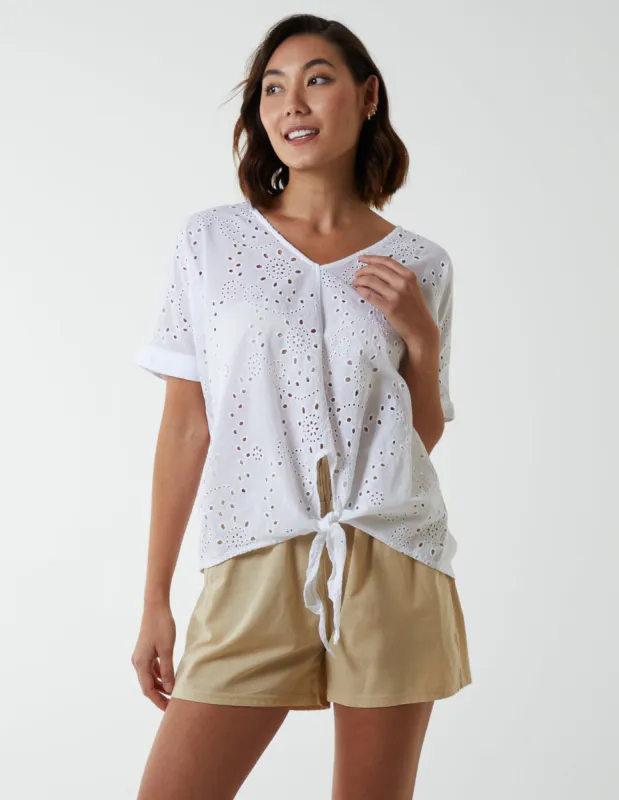 Broderie Batwing Knot Front Top sold by Blue Vanilla