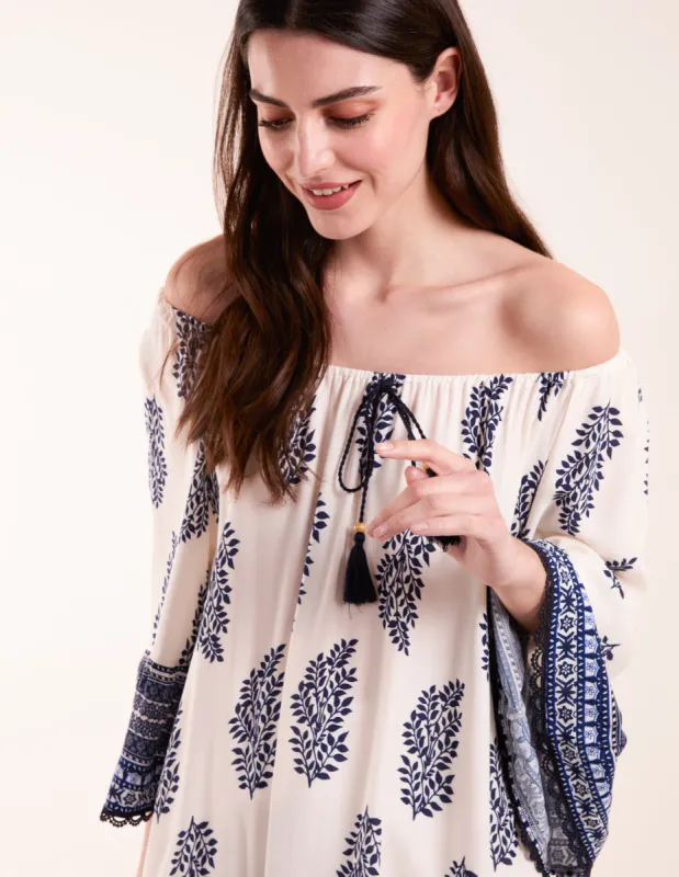 Mix Print Bardot With Tassel Dress sold by Blue Vanilla