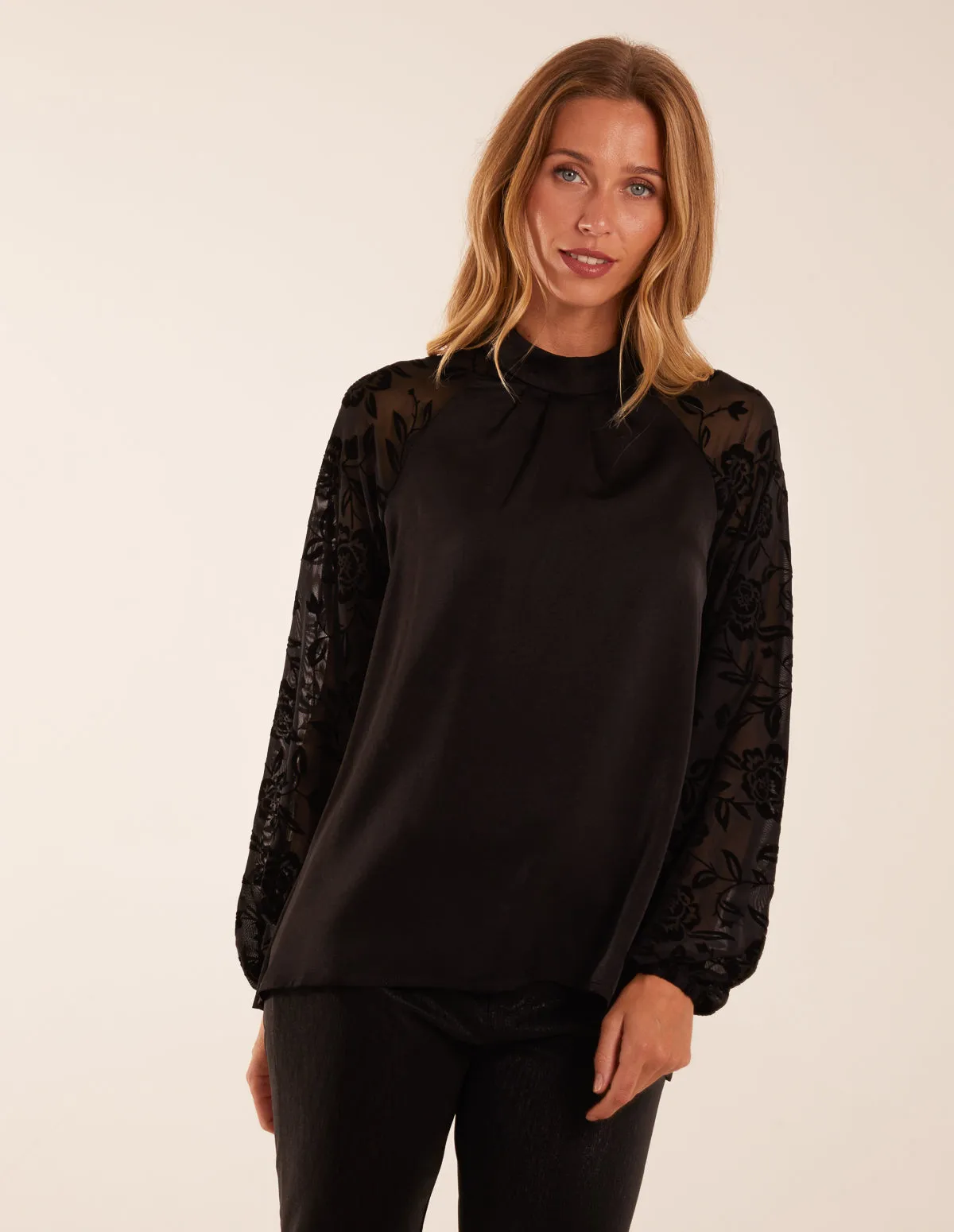 High Neck Flocked Sleeve Top sold by Blue Vanilla