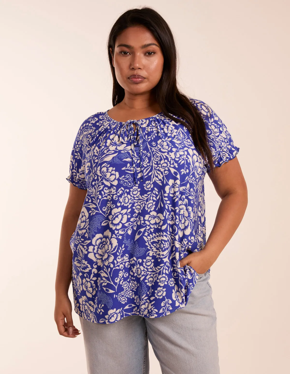 Curve Shirred Sleeve Tie Front Top sold by Blue Vanilla