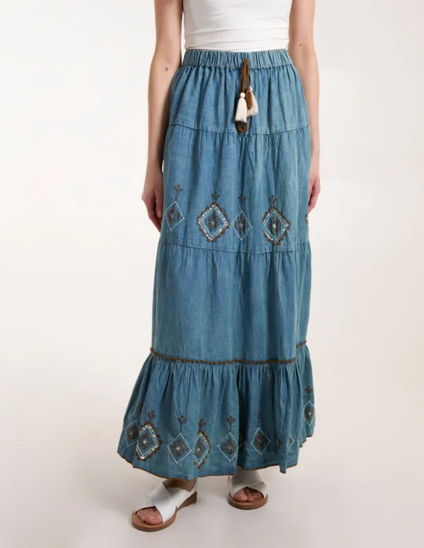Denim Embroidered Tiered Skirt sold by Blue Vanilla