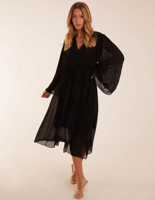 Wrap Front Pleated Sleeve Midi Dress sold by Blue Vanilla