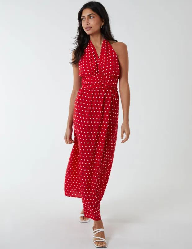 Polka Dot Halter Neck Maxi Dress made by Blue Vanilla