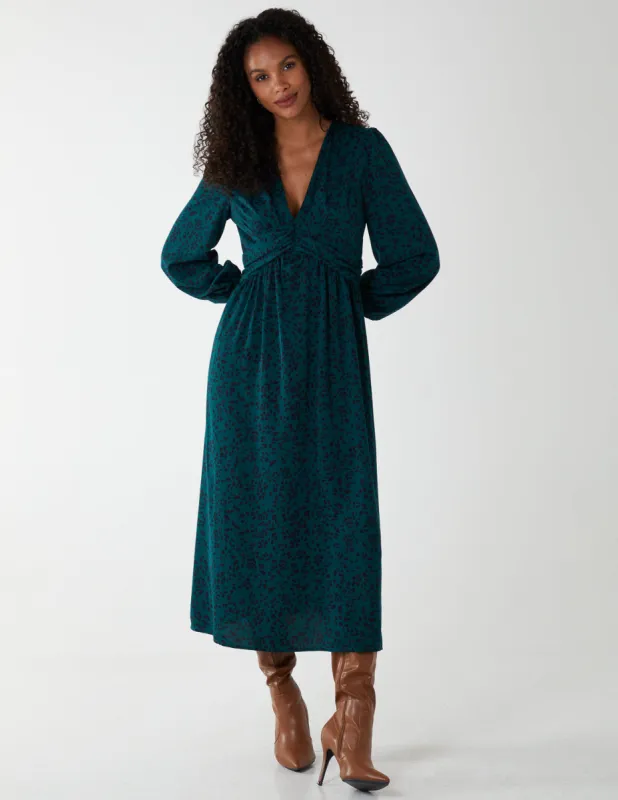 Ruched Deep V Volume Midi Dress sold by Blue Vanilla