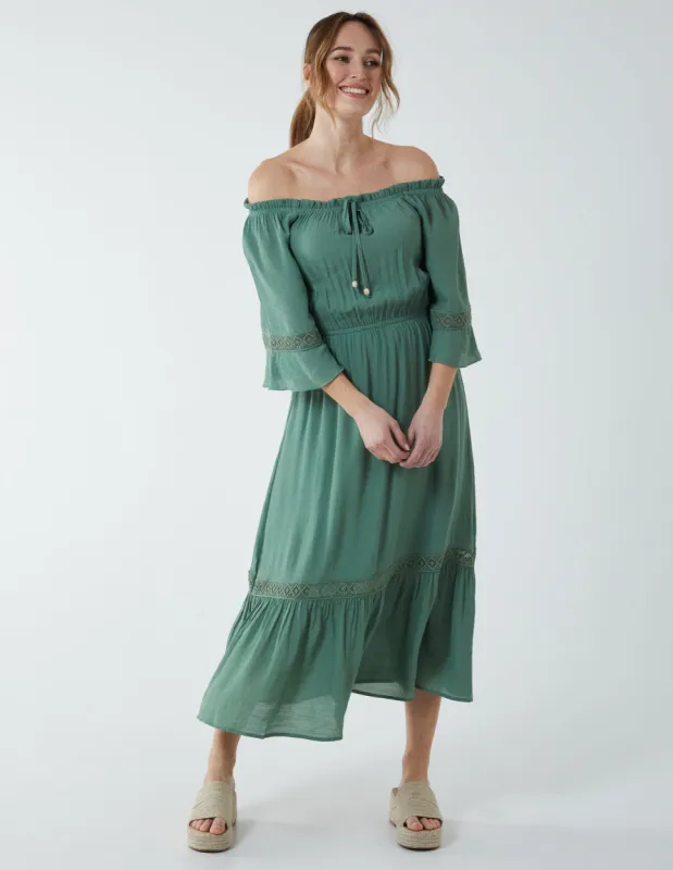 Off Shoulder Elasticated Lace Insert Midi Dress sold by Blue Vanilla