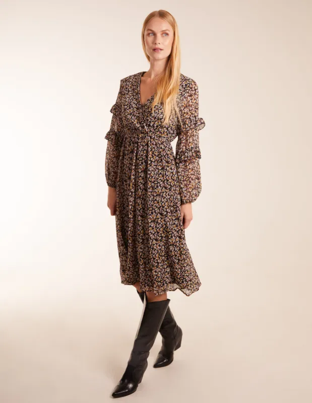 V Neck Frill Sleeve Wrap Midi Dress made by Blue Vanilla