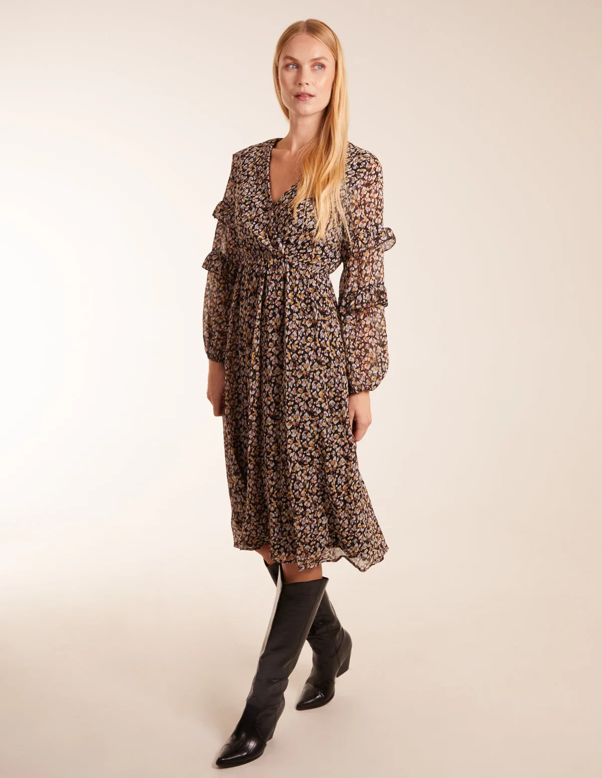 V Neck Frill Sleeve Wrap Midi Dress sold by Blue Vanilla