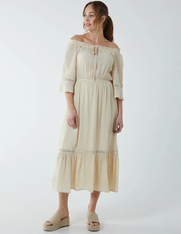 Off Shoulder Elasticated Lace Insert Midi Dress sold by Blue Vanilla
