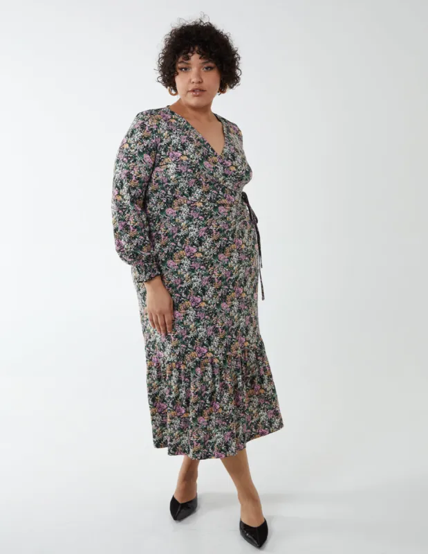 Curve Wrap Front Shirring Cuff Midi Dress sold by Blue Vanilla