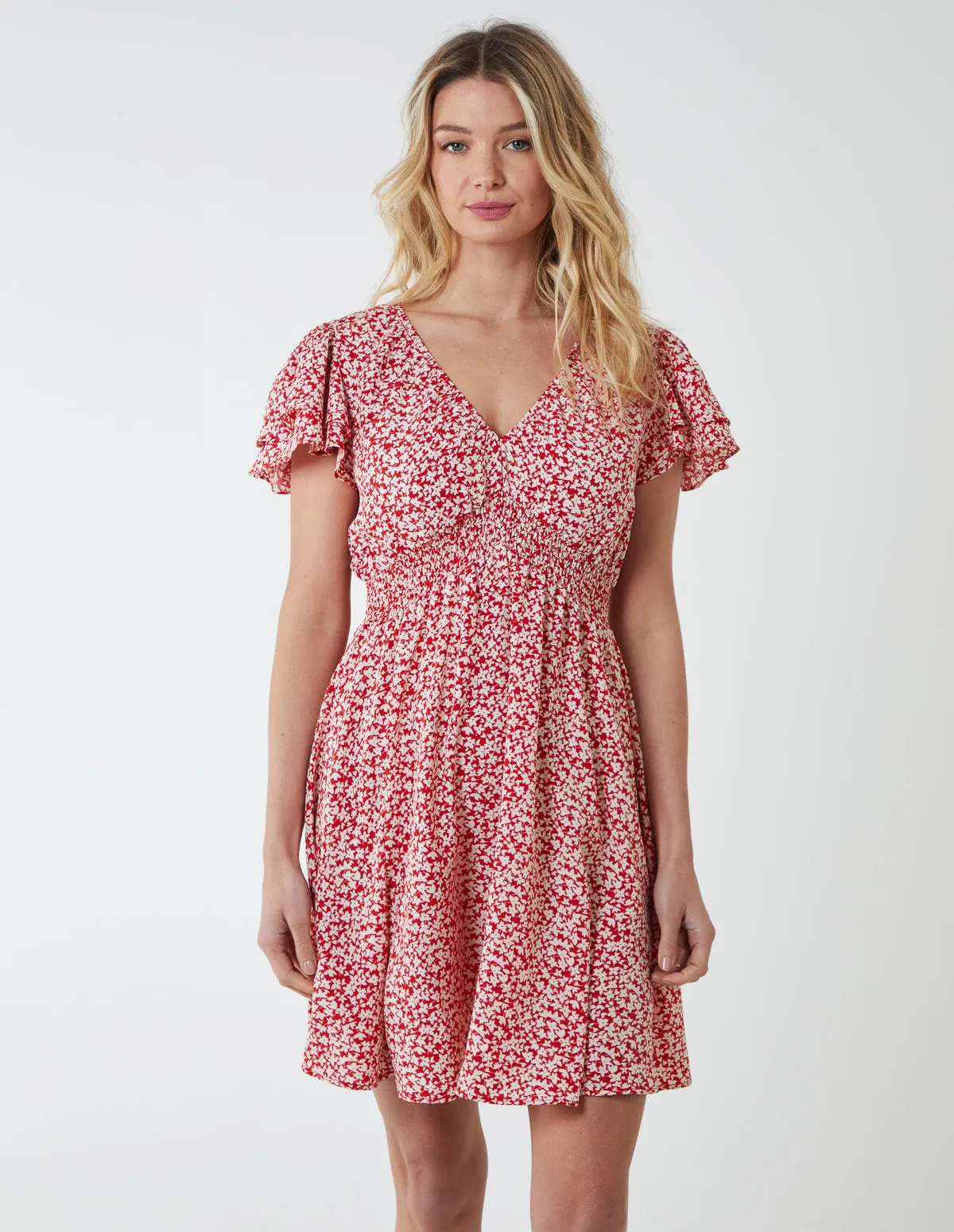 Double Ruffle Empire Shirred Mini Dress sold by Blue Vanilla