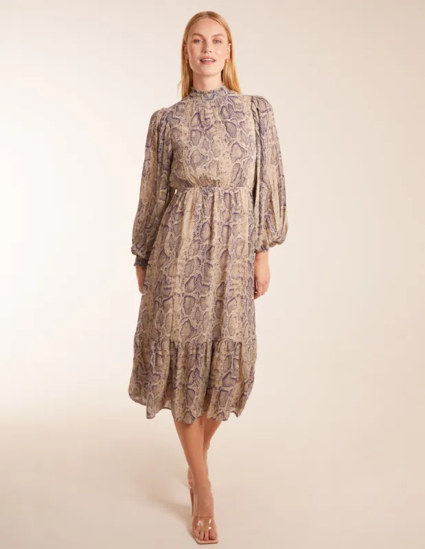 High Neck Pleated Sleeve Reptile Midi Dress sold by Blue Vanilla