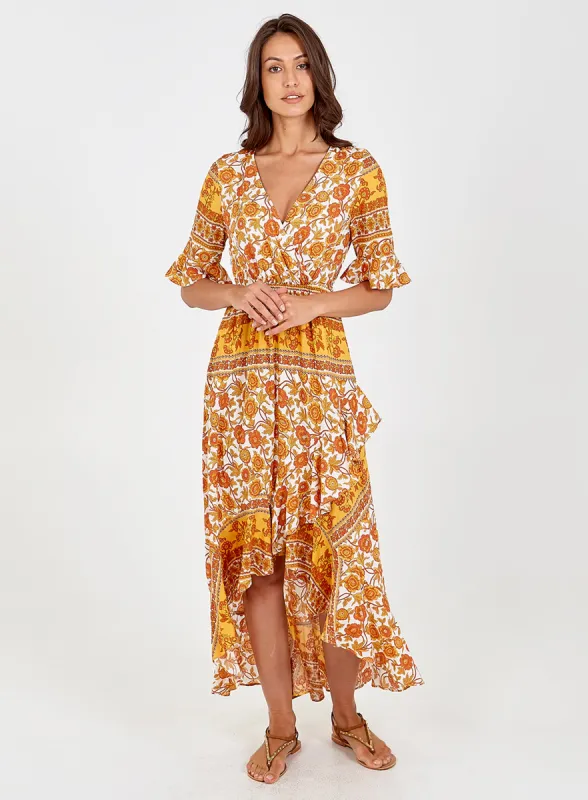 Floral Wrap Front Ruffle High Low Dress sold by Blue Vanilla