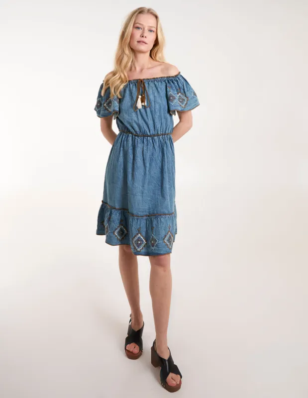 Denim Embroidered Tiered Dress sold by Blue Vanilla