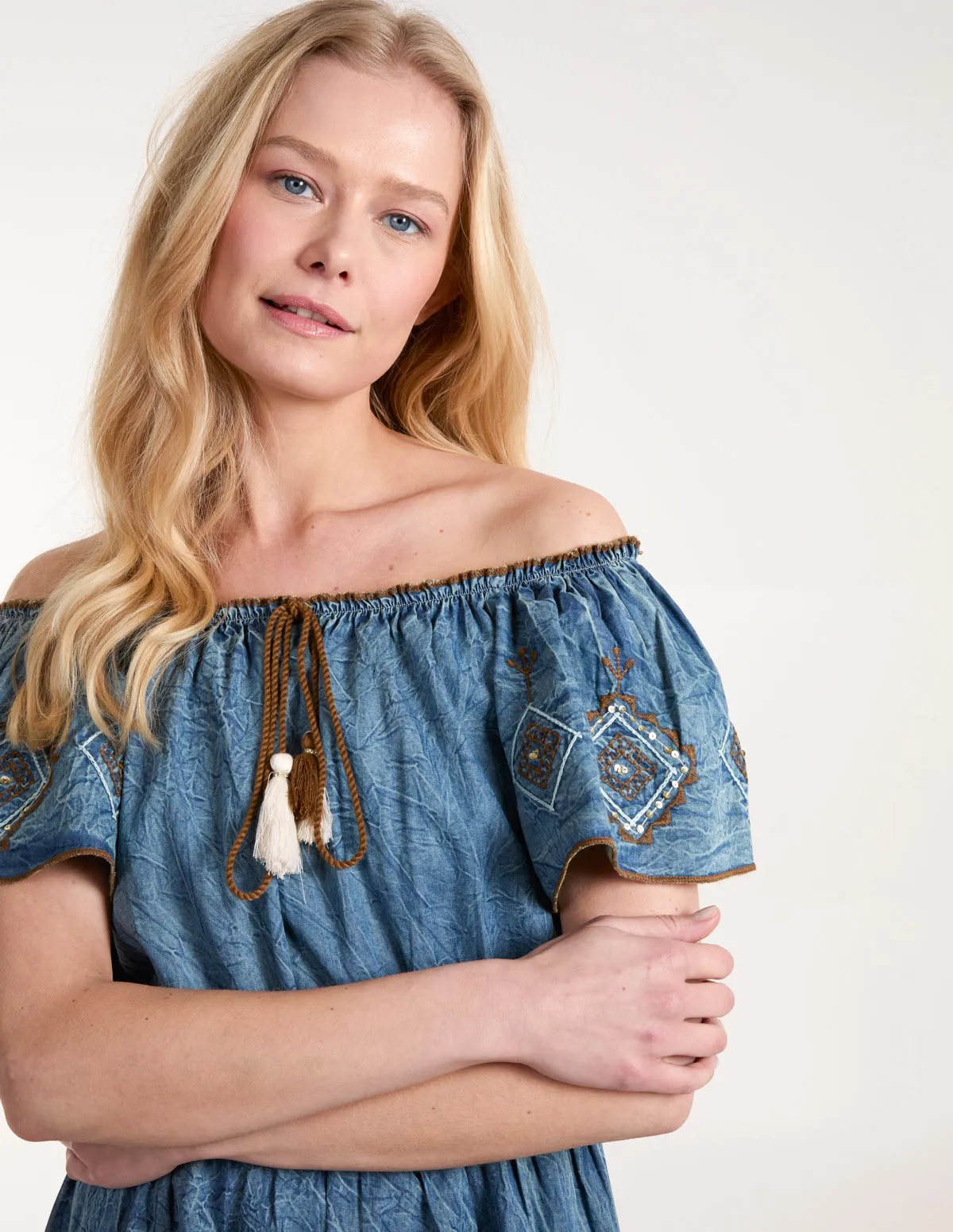 Denim Embroidered Tiered Dress sold by Blue Vanilla product image thumbnail 2