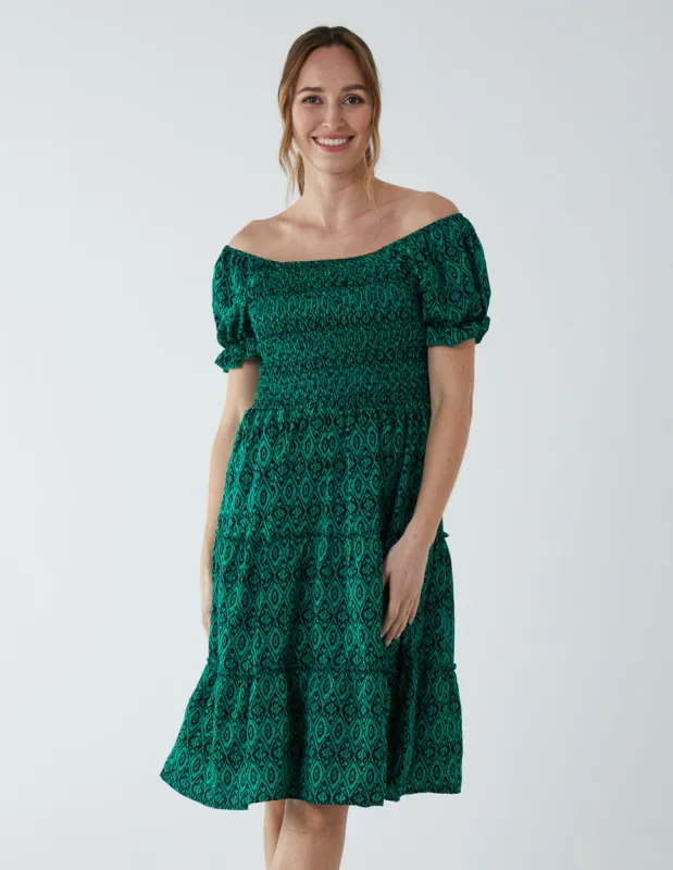 Puff Sleeve Bardot Shirred Dress sold by Blue Vanilla