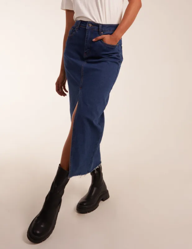High Rise Denim Midi Skirt sold by Blue Vanilla