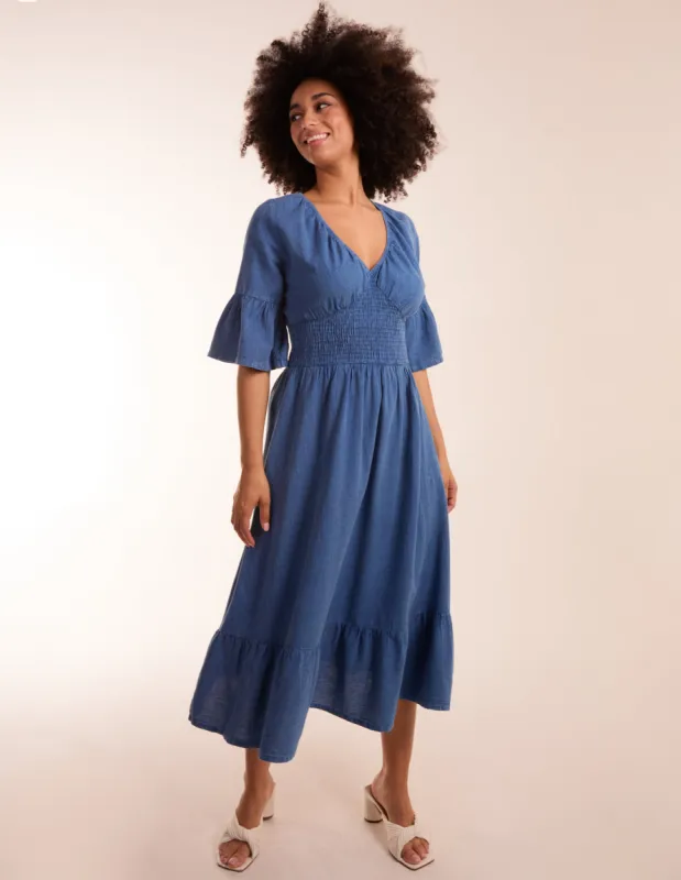 V Neck Shirred Midi Dress sold by Blue Vanilla