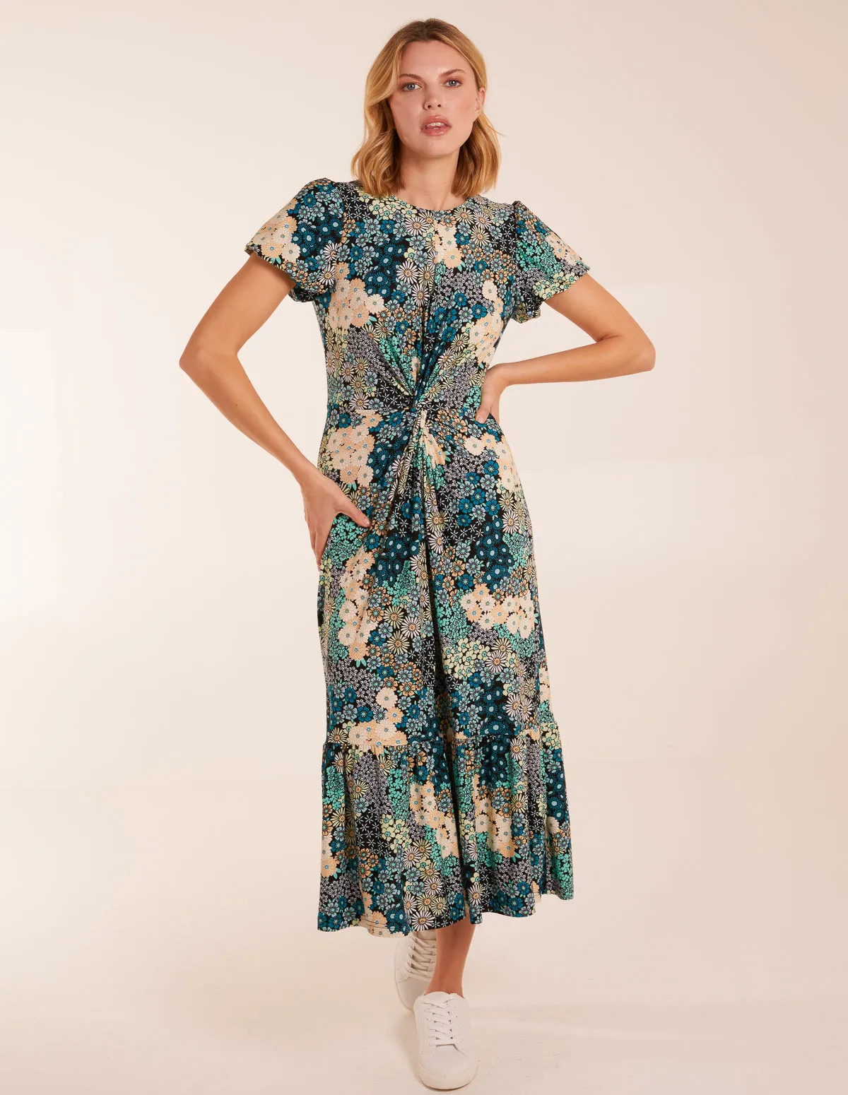 Crew Neck Knot Front Floral Midi Dress sold by Blue Vanilla