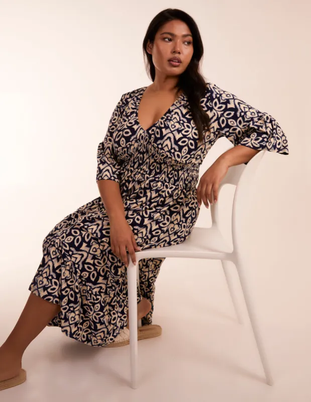 Curve Elasticated Neck Shirred Waist Abstract Midi Dress sold by Blue Vanilla
