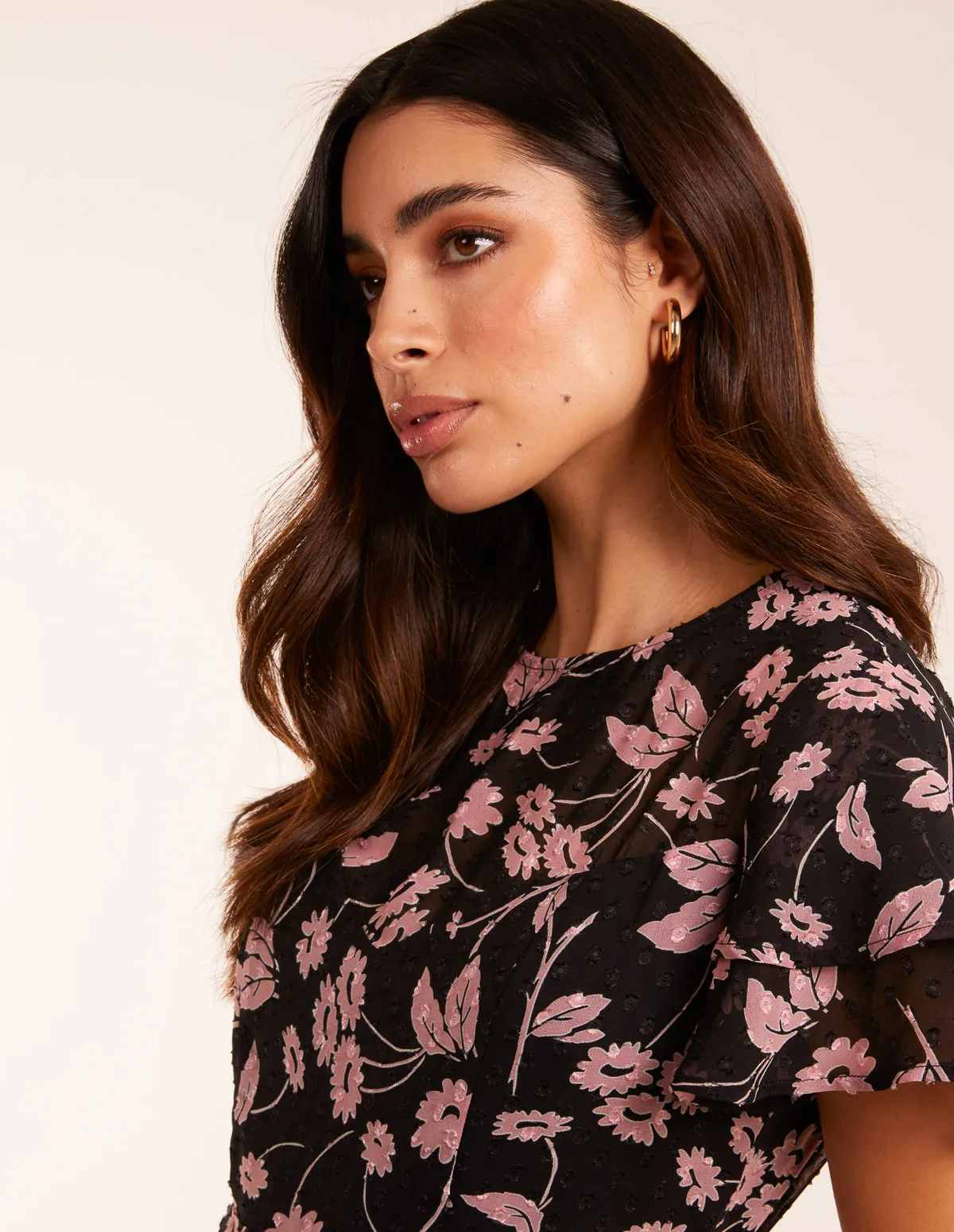 Chiffon Dobby Floral Frill Sleeve Mini Dress sold by Blue Vanilla product image thumbnail 4