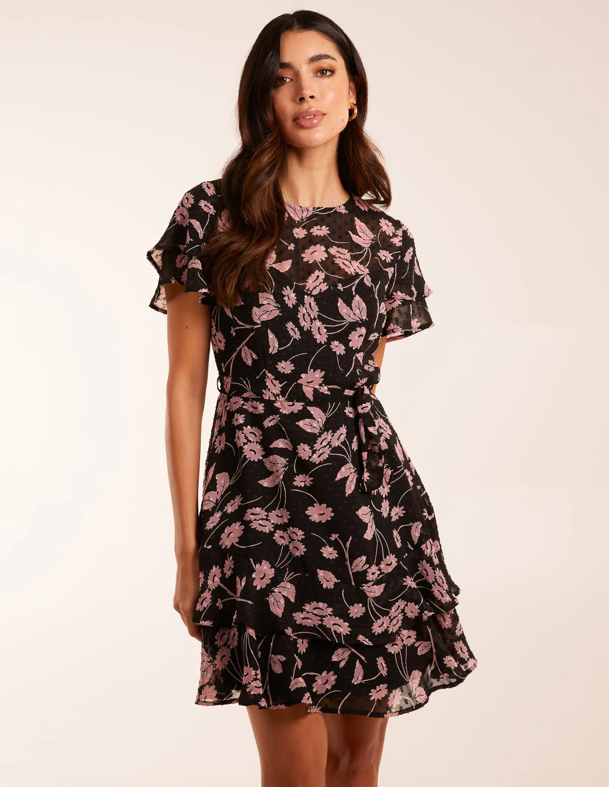 Chiffon Dobby Floral Frill Sleeve Mini Dress sold by Blue Vanilla product image thumbnail 2