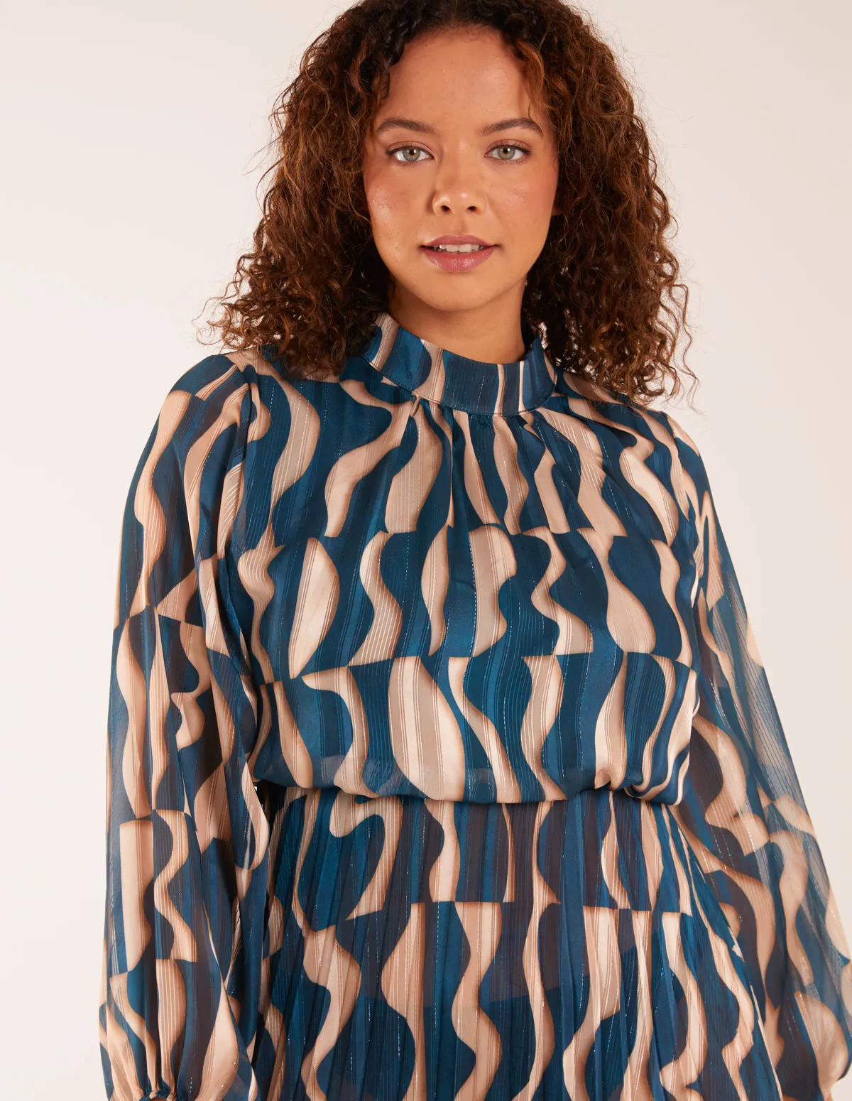 High Neck Pleated Metallic Geometric Print Midi Dress sold by Blue Vanilla product image thumbnail 2