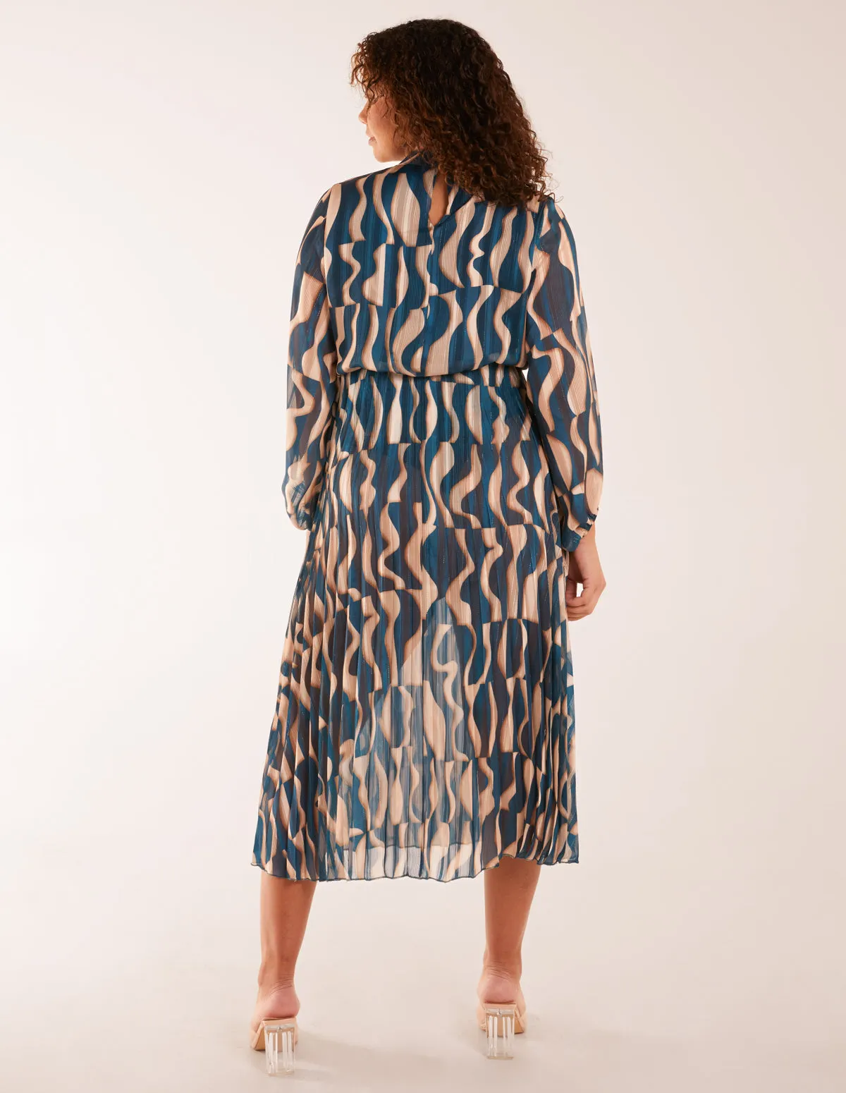 High Neck Pleated Metallic Geometric Print Midi Dress sold by Blue Vanilla product image thumbnail 4