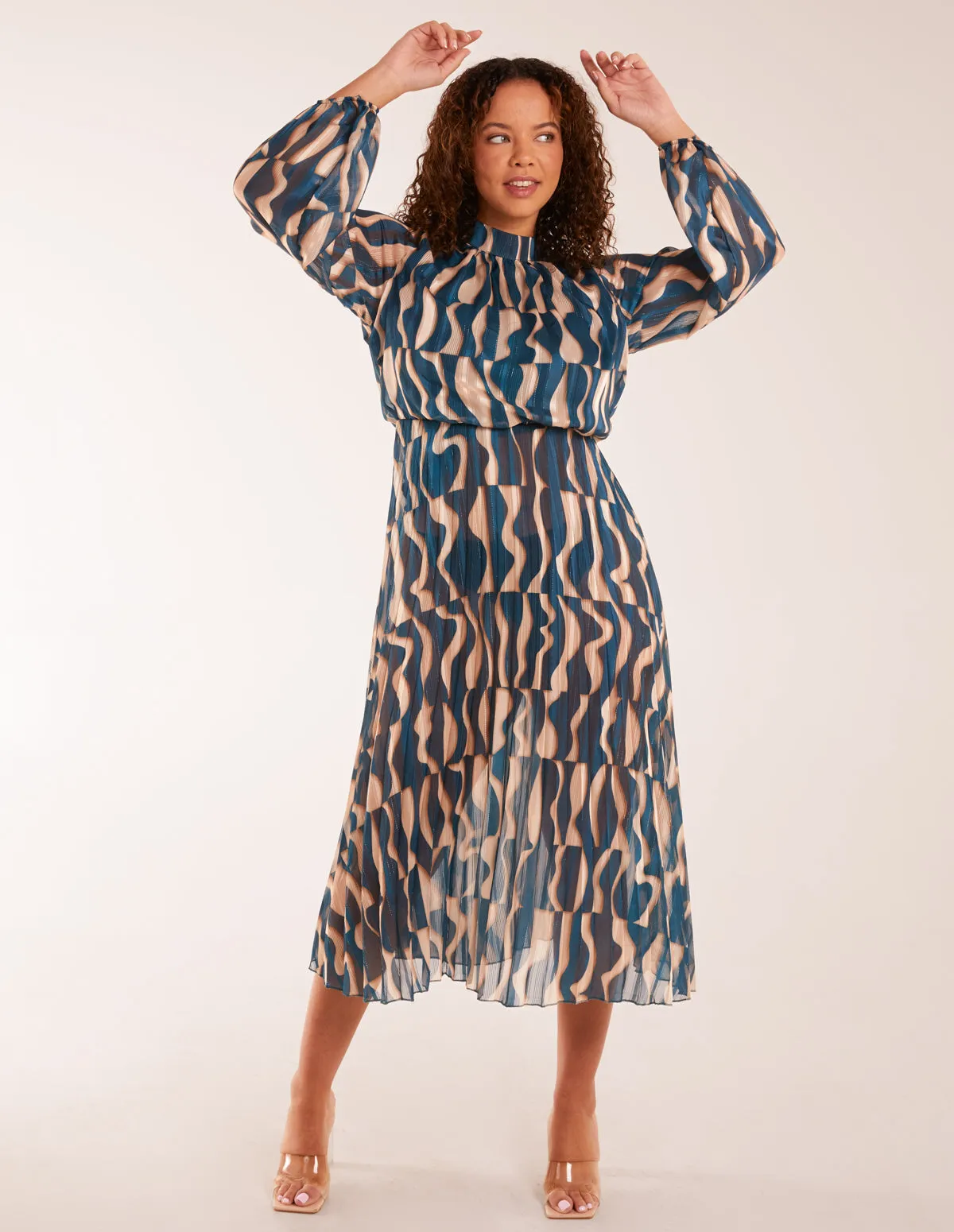 High Neck Pleated Metallic Geometric Print Midi Dress sold by Blue Vanilla