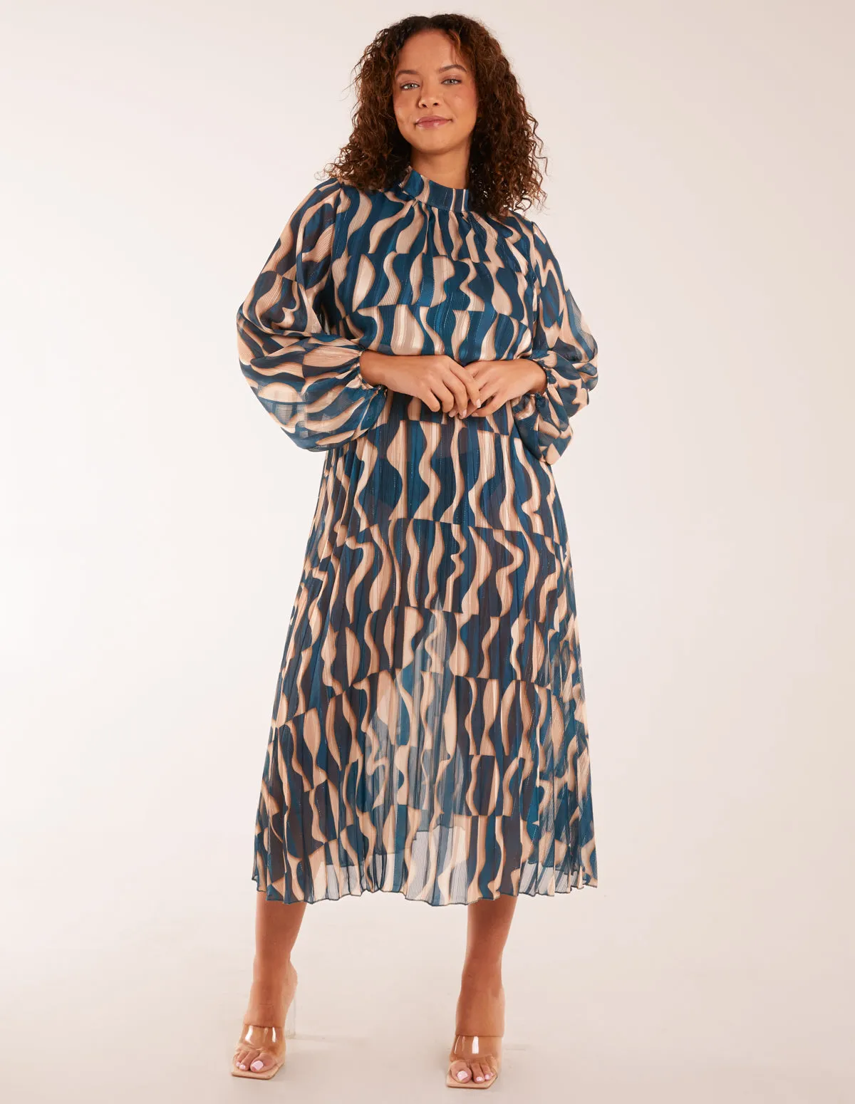 High Neck Pleated Metallic Geometric Print Midi Dress sold by Blue Vanilla product image thumbnail 3