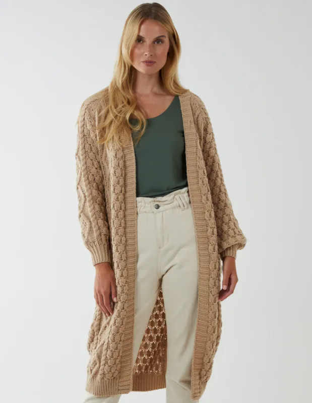 V Neck Cable Long Cardigan sold by Blue Vanilla